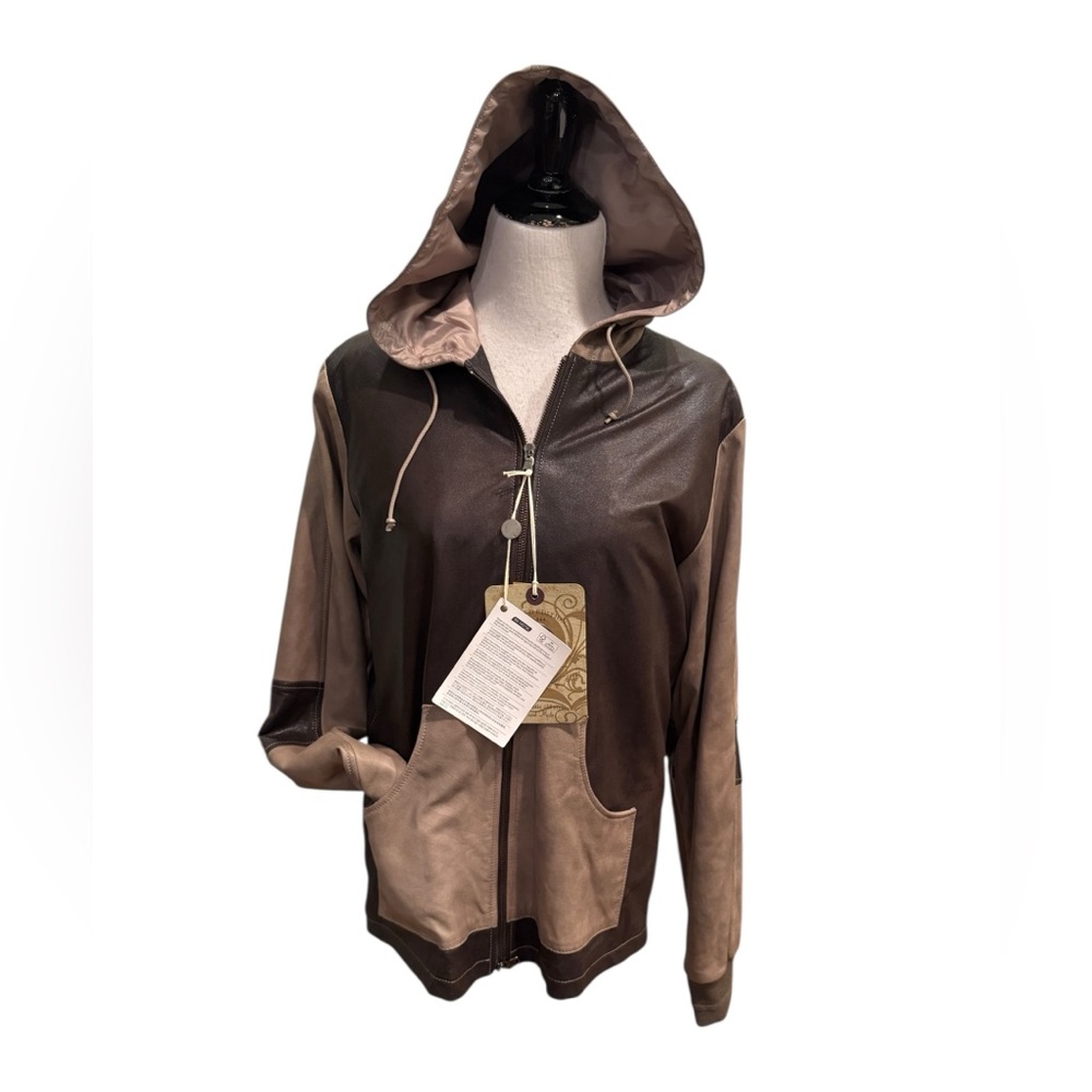 Vintage De Luxe Italian Men’s Hooded Jacket with a Mix of Brown and Tan Colors
